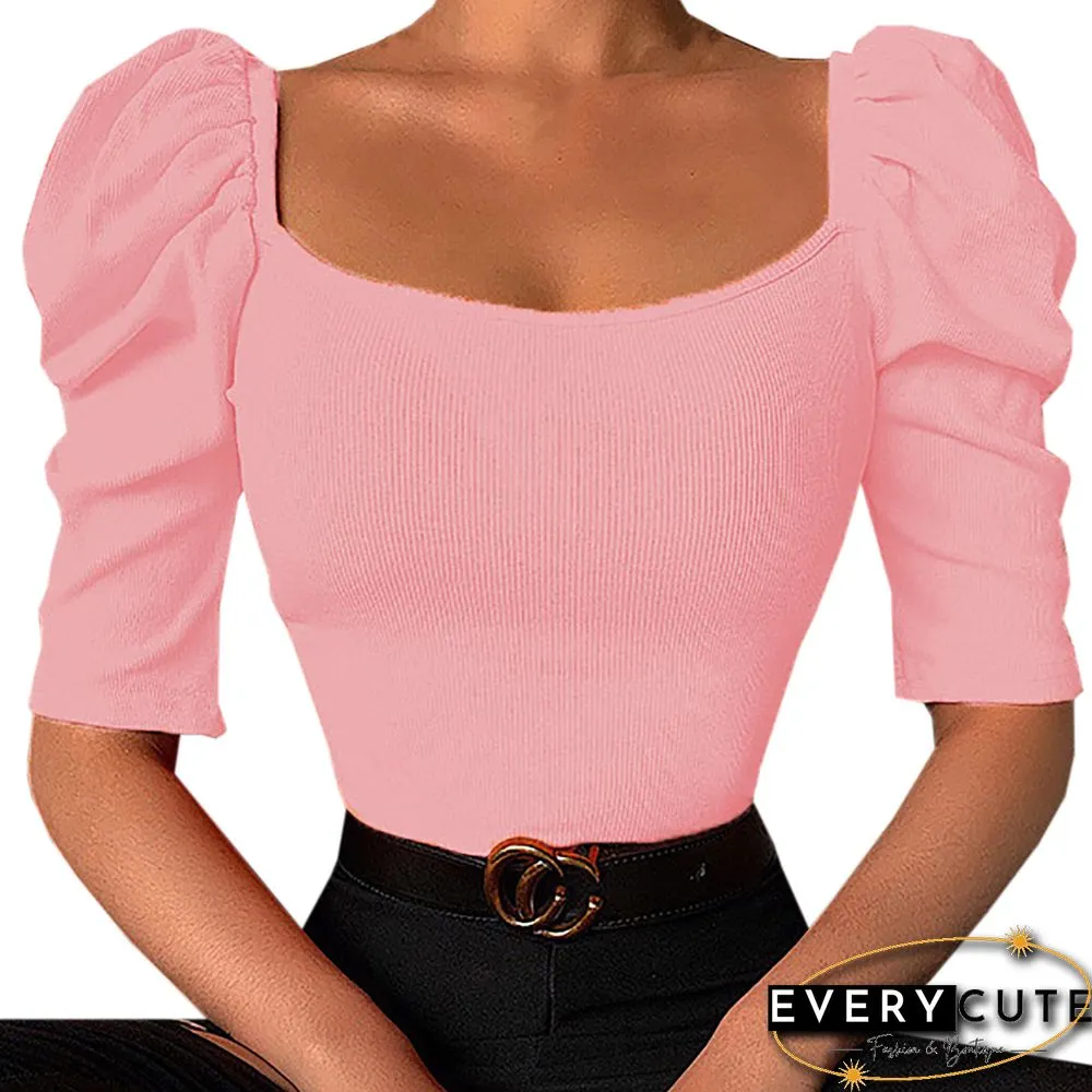 Pink Square Neck Puff Sleeve Crop Tops
