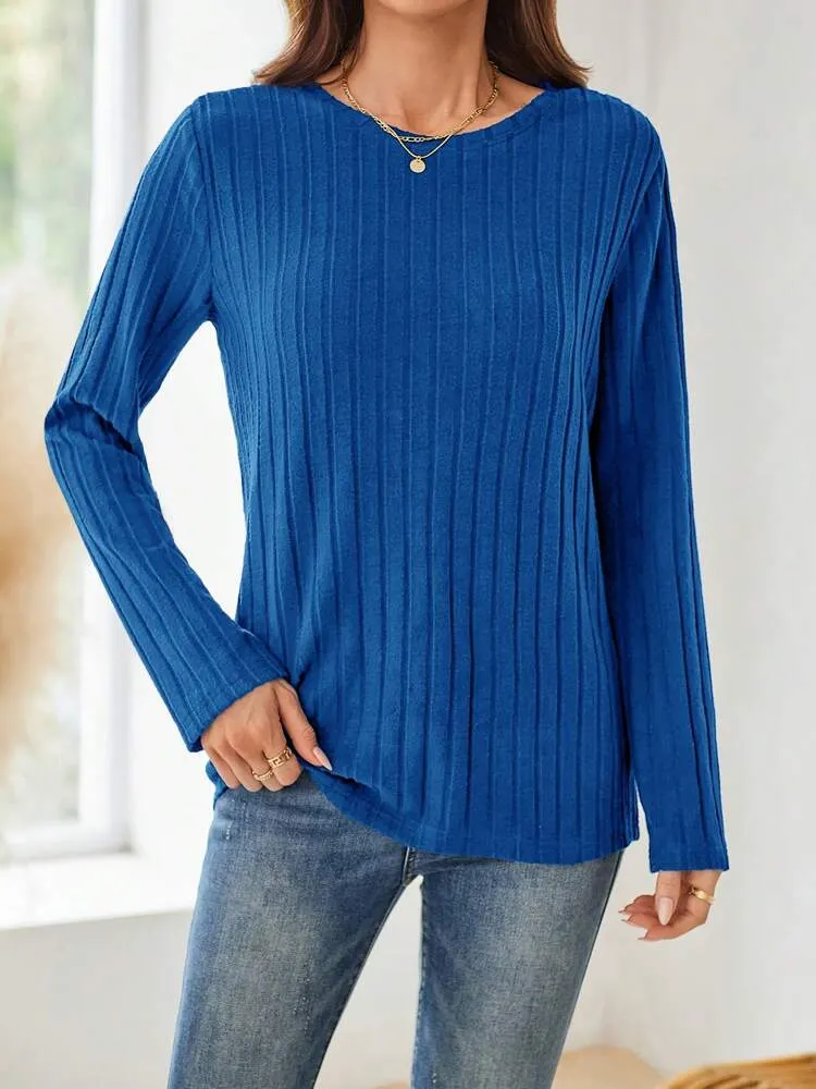 Fall Women Clothes Dark Blue Round-Neck Long-Sleeve T-Shirt For Autumn