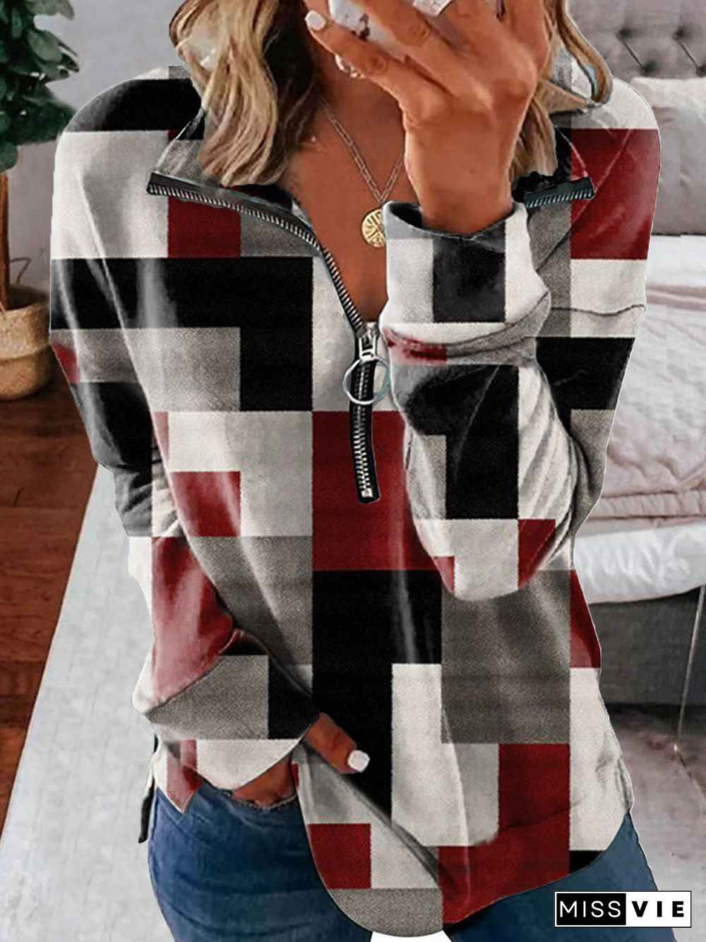 Casual Lapel Geometric Sweatshirts