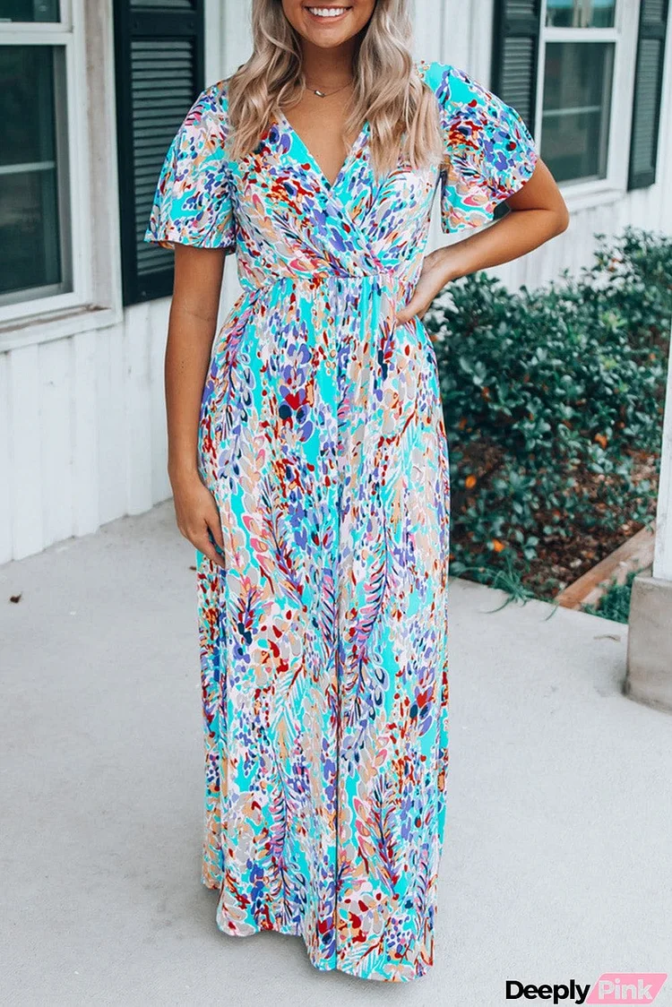 Wrap V Neck Floral Maxi Dress