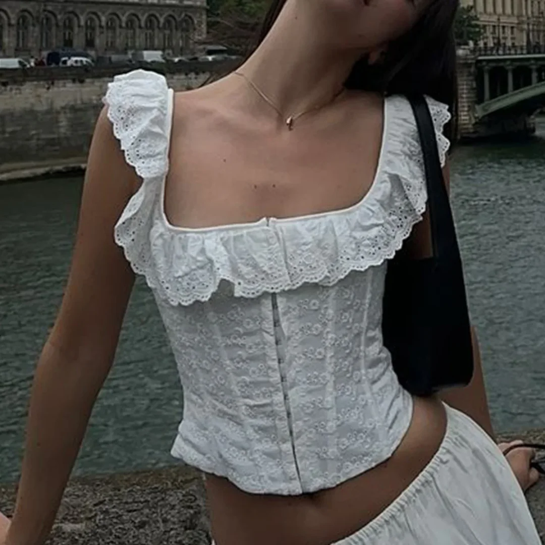 Summer White Corset Top Sexy Summer Crop Top Women Lace Up Tanks Top