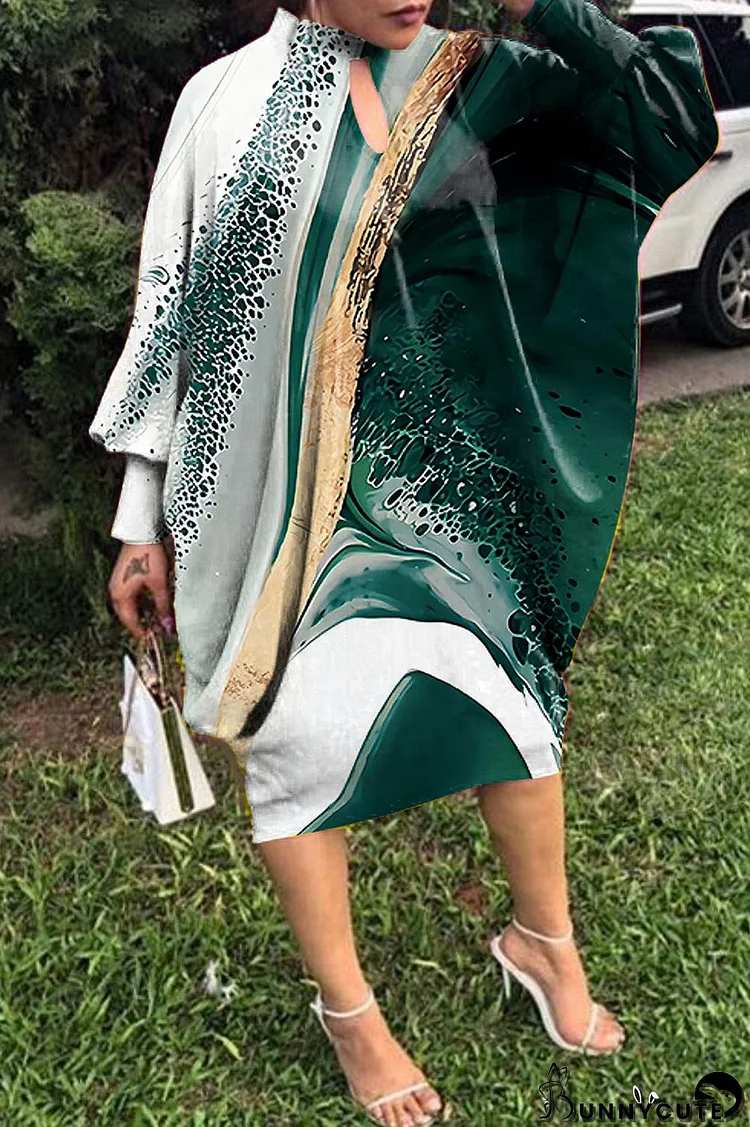 Dark Green Casual Print Hollowed Out O Neck Long Sleeve Dresses