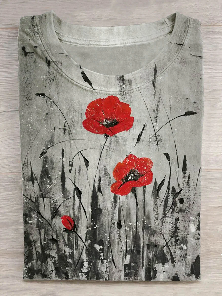Retro Poppy Flowers Art Pattern Print Casual T-shirt