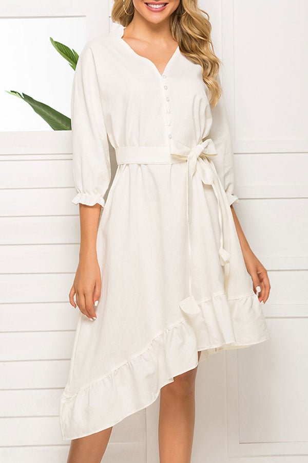 White Lace-up Casual Ruffle Dress - Shop Trendy Women's Clothing | LoverChic
