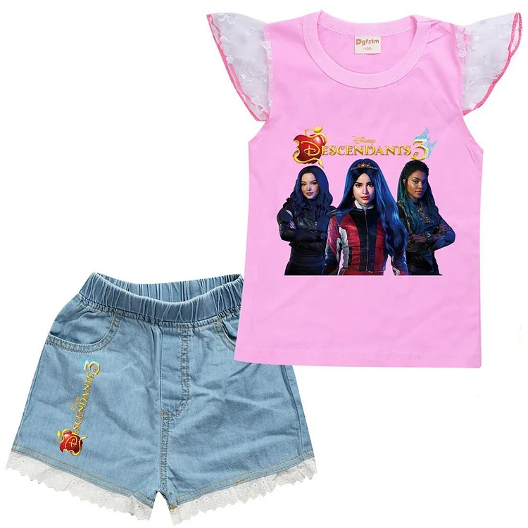 Descendants 3 Print Girls Ruffle Shoulder Tank Top Denim Shorts Sets-Mayoulove