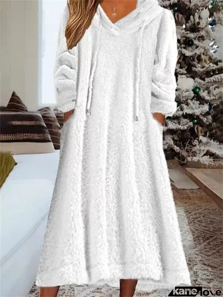 Ladies Cozy Solid Fluffy Hooded Sweater Dresses