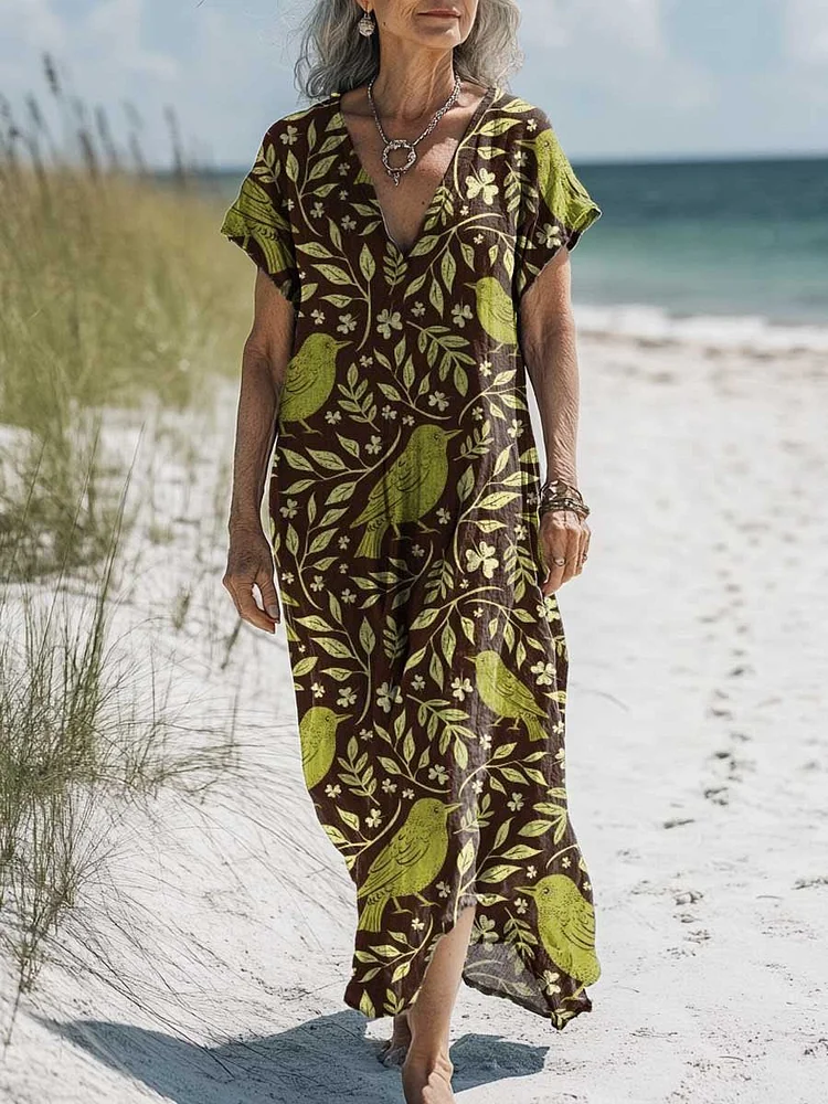 Women's Vintage Lovely Floral Birds Art Print Pocket Cotton Dress