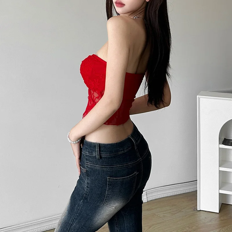 Uveng 2024 Summer New Women's Clothing Solid Color Repair Street Fashion Word Collar Yarn Mesh Wrapped Breast Vest