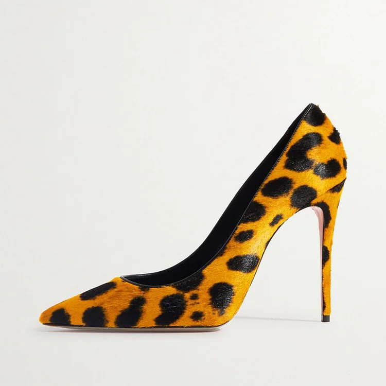 Yellow Leopard Print Heels Stylish Pointy Toe Pumps for Women |FSJ Shoes