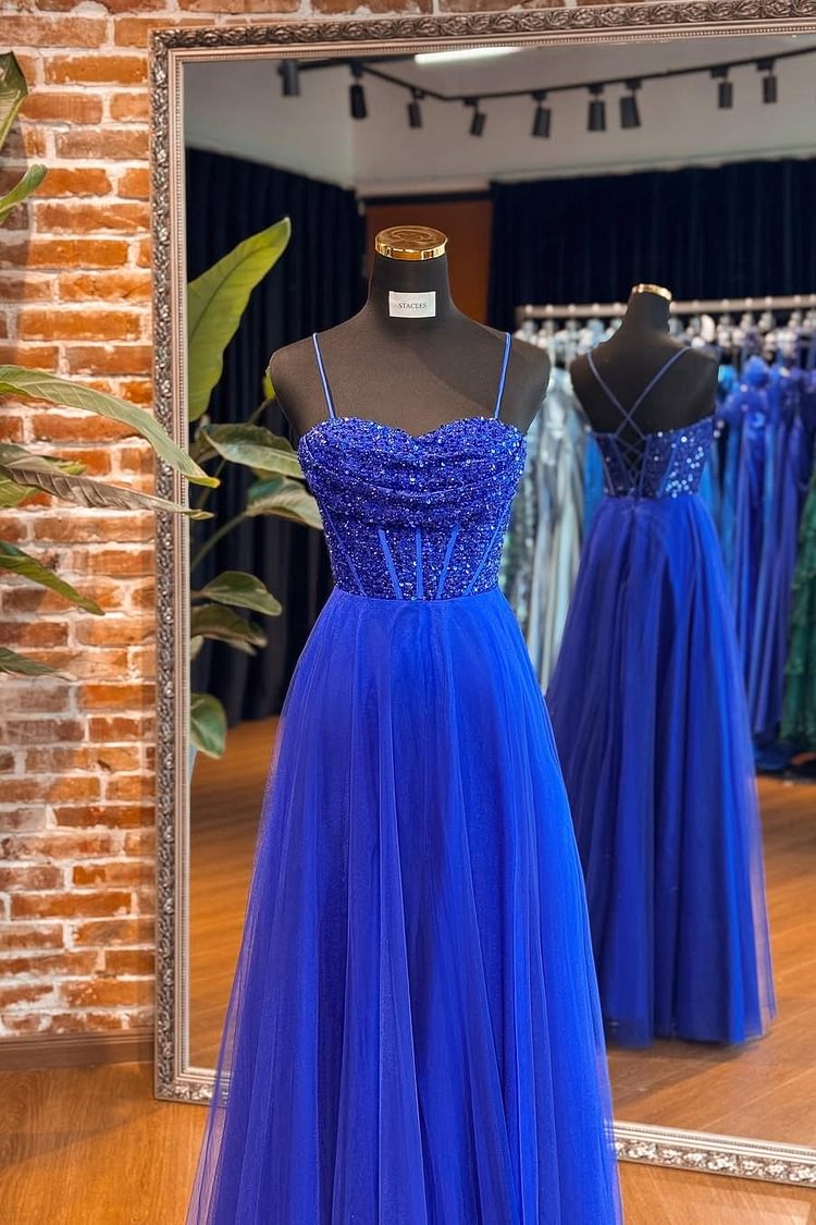 Tulle Spaghetti Strap Sleeveless Long Prom Dress With Sequins XJ0605