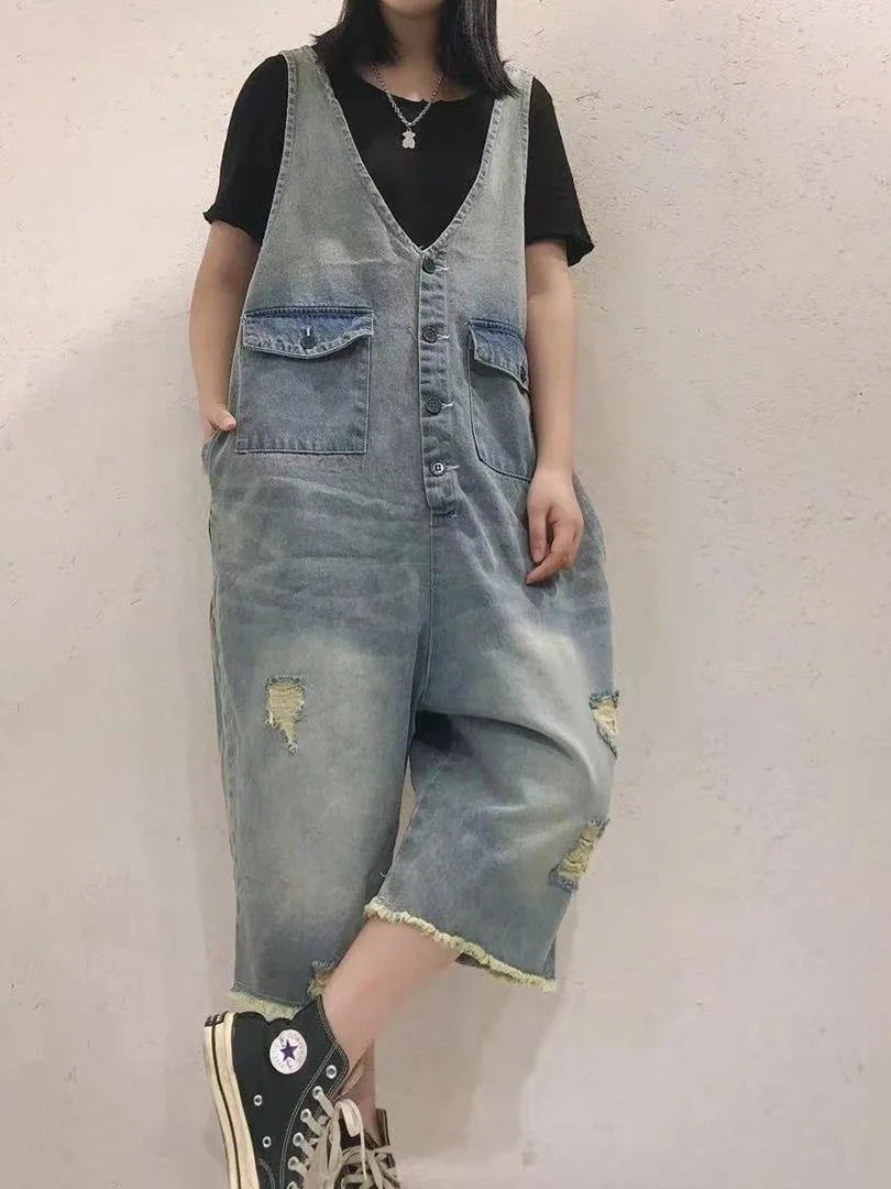 Women's Loose Hole Casual Retro Cropped Workwear Denim Overalls Jumpsuit