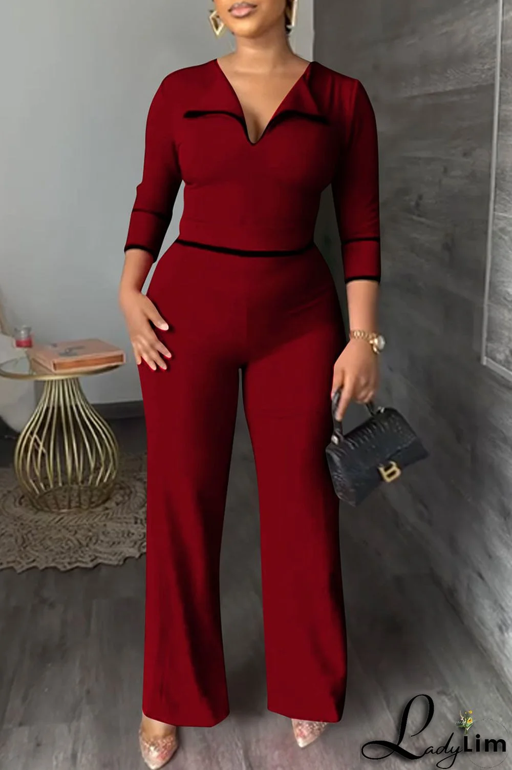 Red Fashion Casual Solid Patchwork Turndown Collar Regular Jumpsuits