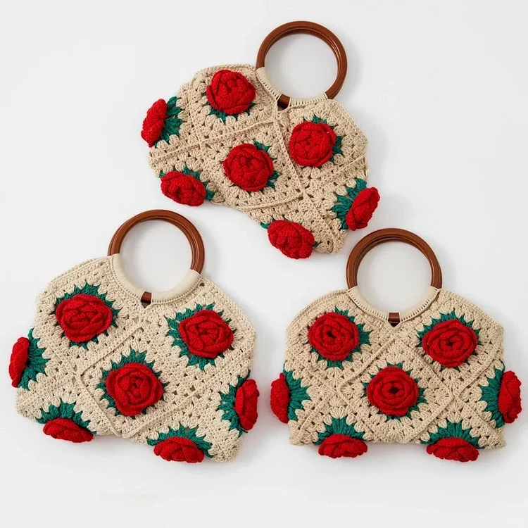 Lulusnow Handmade White Beige Red Classic 3D Camellia Bag with Bamboo Handles Granny Square Crochet HandBag