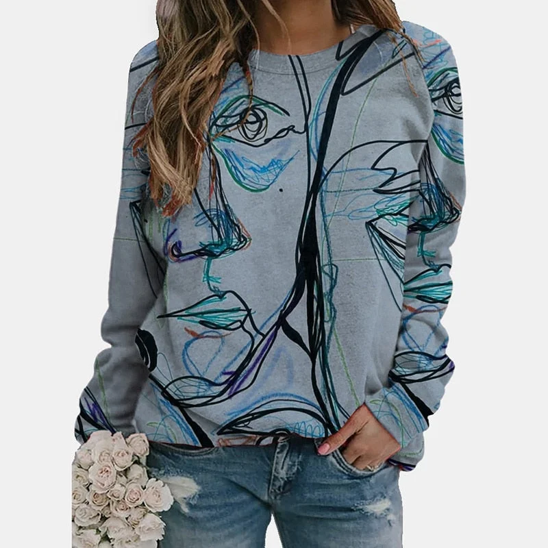 Fashion Face Print Women O-neck Blouse Casual Loose Office Ladies Long Sleeve Pullover Tops Autumn Femme Streetwear Shirts XXXL