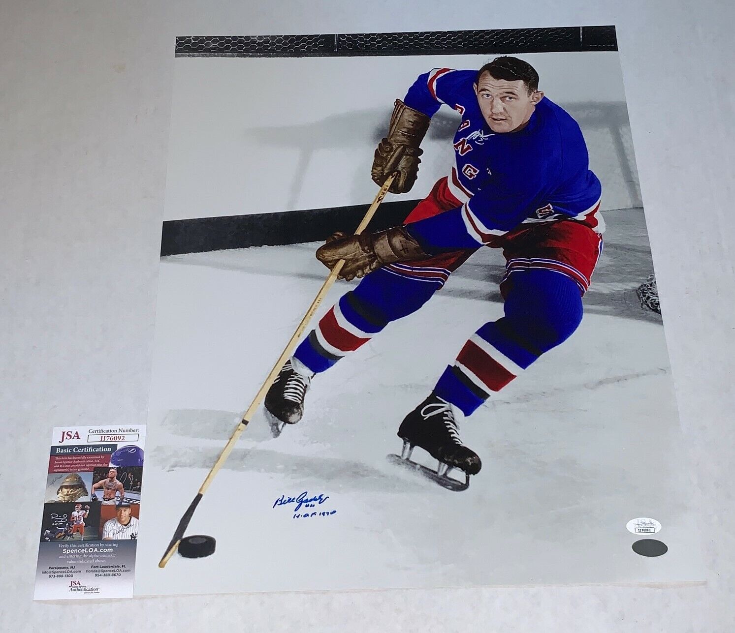 Bill Gadsby signed New York Rangers 16x20 Photo Poster painting W/ HOF Inscription JSA