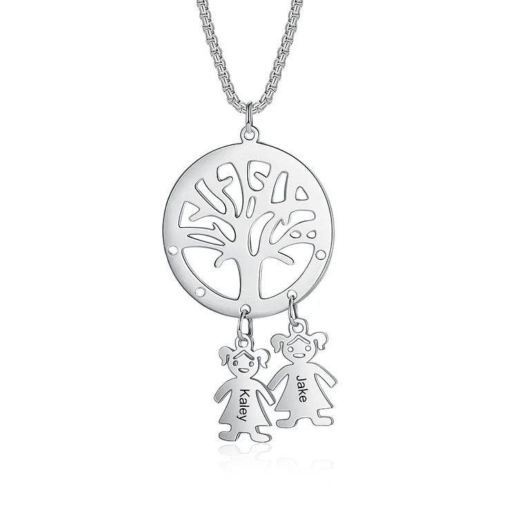 Tree of Life Necklace with 2 Kid Charms Engraved Names Mother Necklace