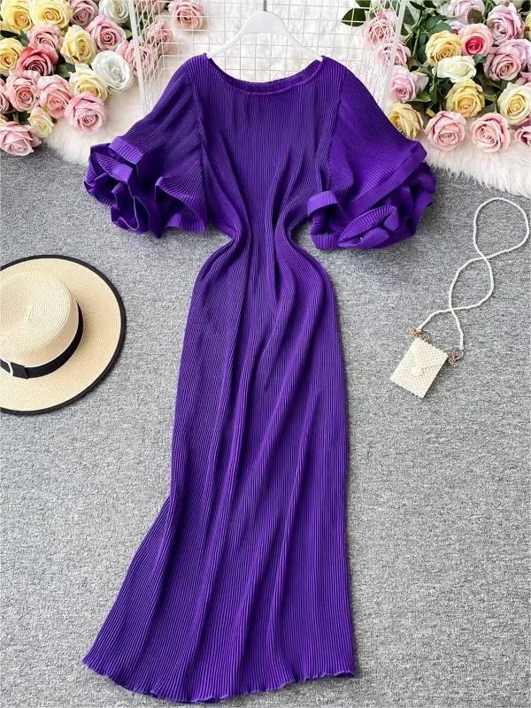 Elegant Round Neck Purple Ruffled Sleeve Maxi Dress