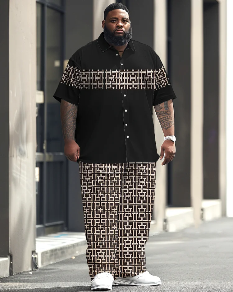 Men's Plus Size Business Casual Geometric Print Short Sleeve Shirt Suit