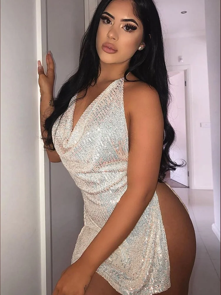 2023 Sequined Swing Collar Halter Sleeveless Backless Slit Lace Up  Slim Mini Dress Fall Fashion Festival Party