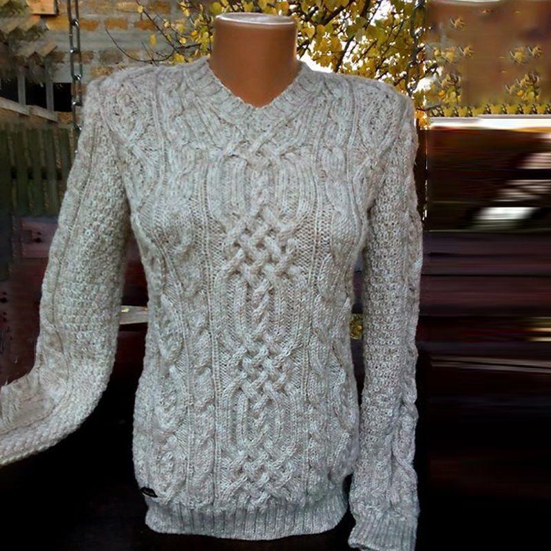 Woman Aran Jacquard Weave V Neck Cozy Warm Sweater wearshes