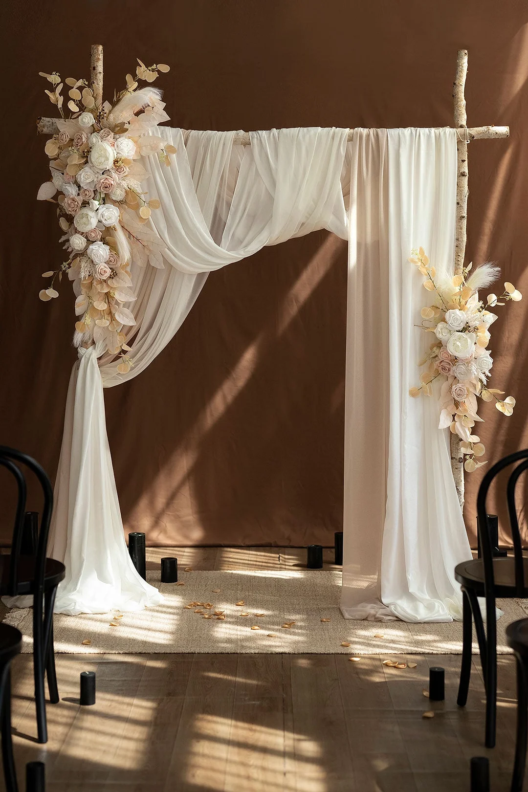 Flower Arch Decor with Drapes in White & Beige