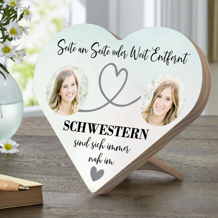 Personalisiertes 2 Foto Holz Herzornament-Schwestern sind sich immer nah im Herzen-Schreibtischdekoration Geschenk für Schwester