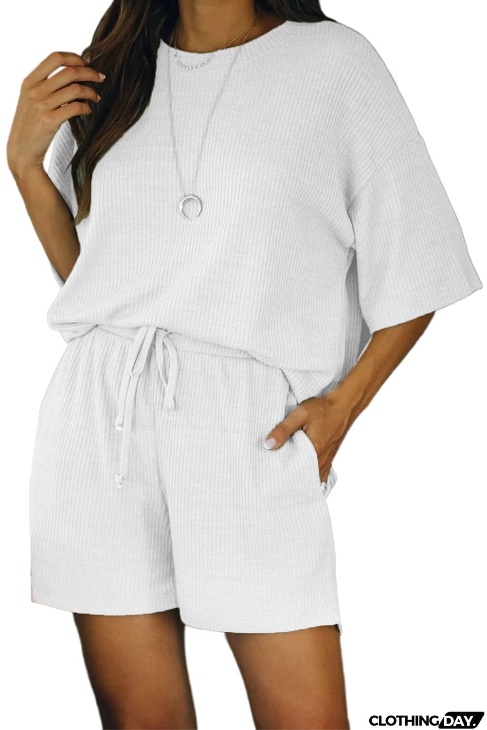 Khaki Crew Neck Short Sleeve Ribbed Lounge Set
