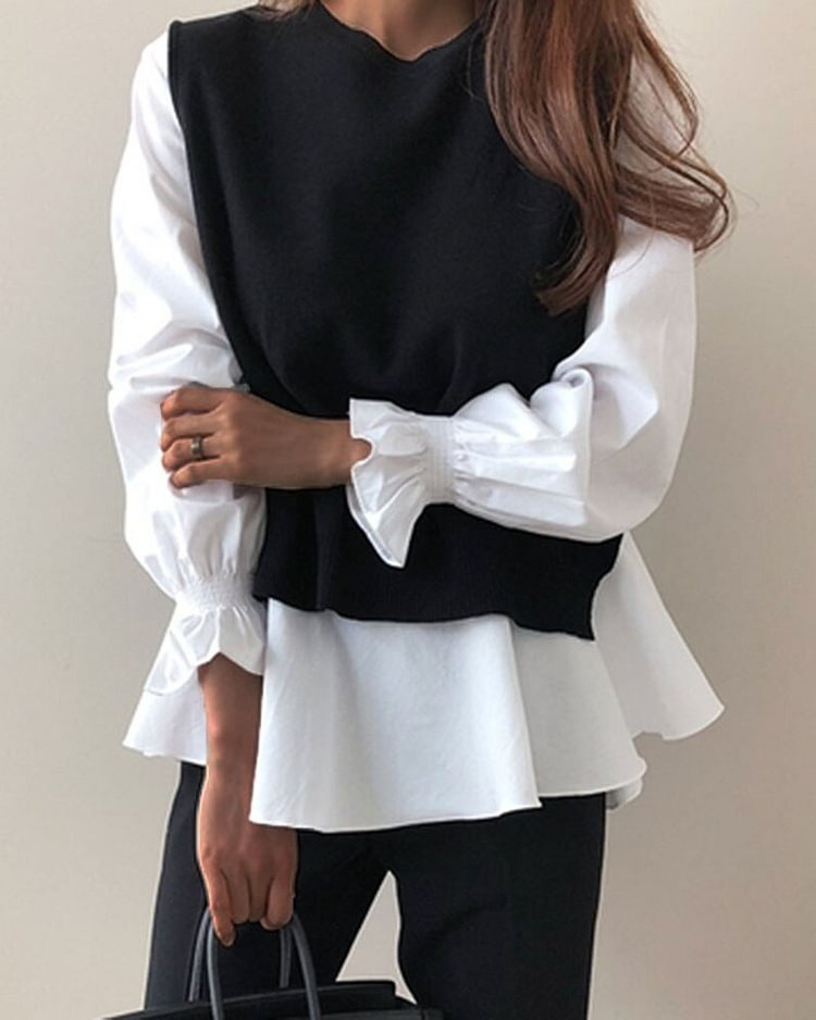 Crew Neck Solid Panel Blouse