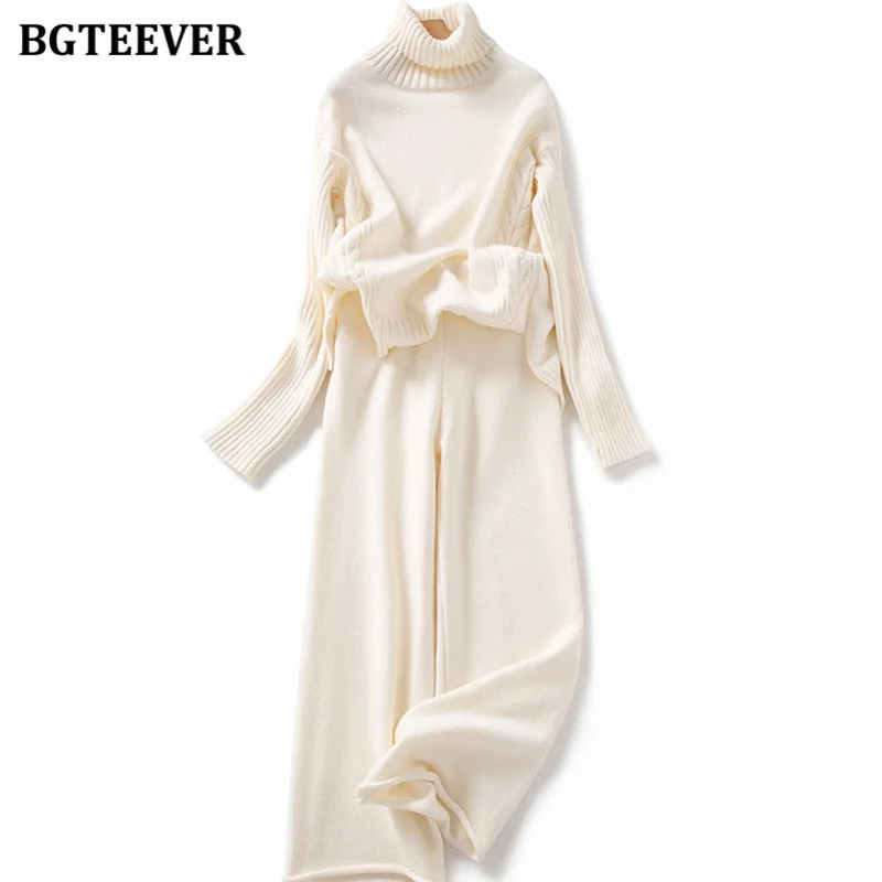 BGTEEVER Autumn Winter Thicken Knitted 2 Pieces Set Women Turtleneck Pullover Sweater & Wide Leg Pants 2021 Sweater Set Female