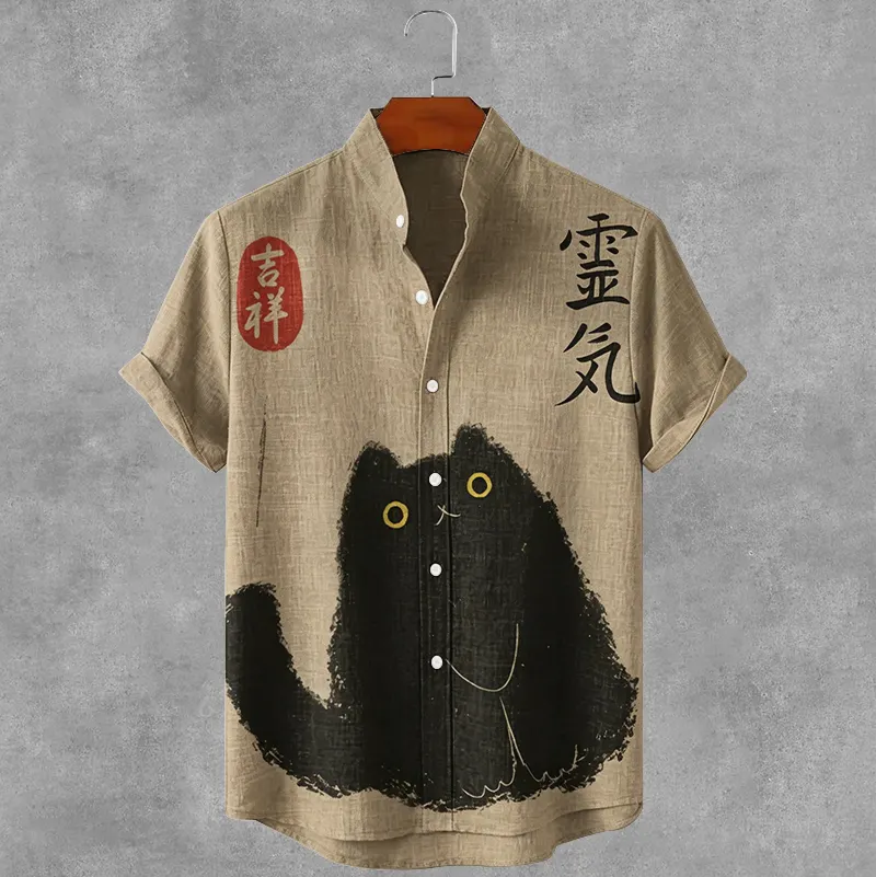 Vintage Japanese Black Cat Art Casual Cotton Linen Shirt  artssus