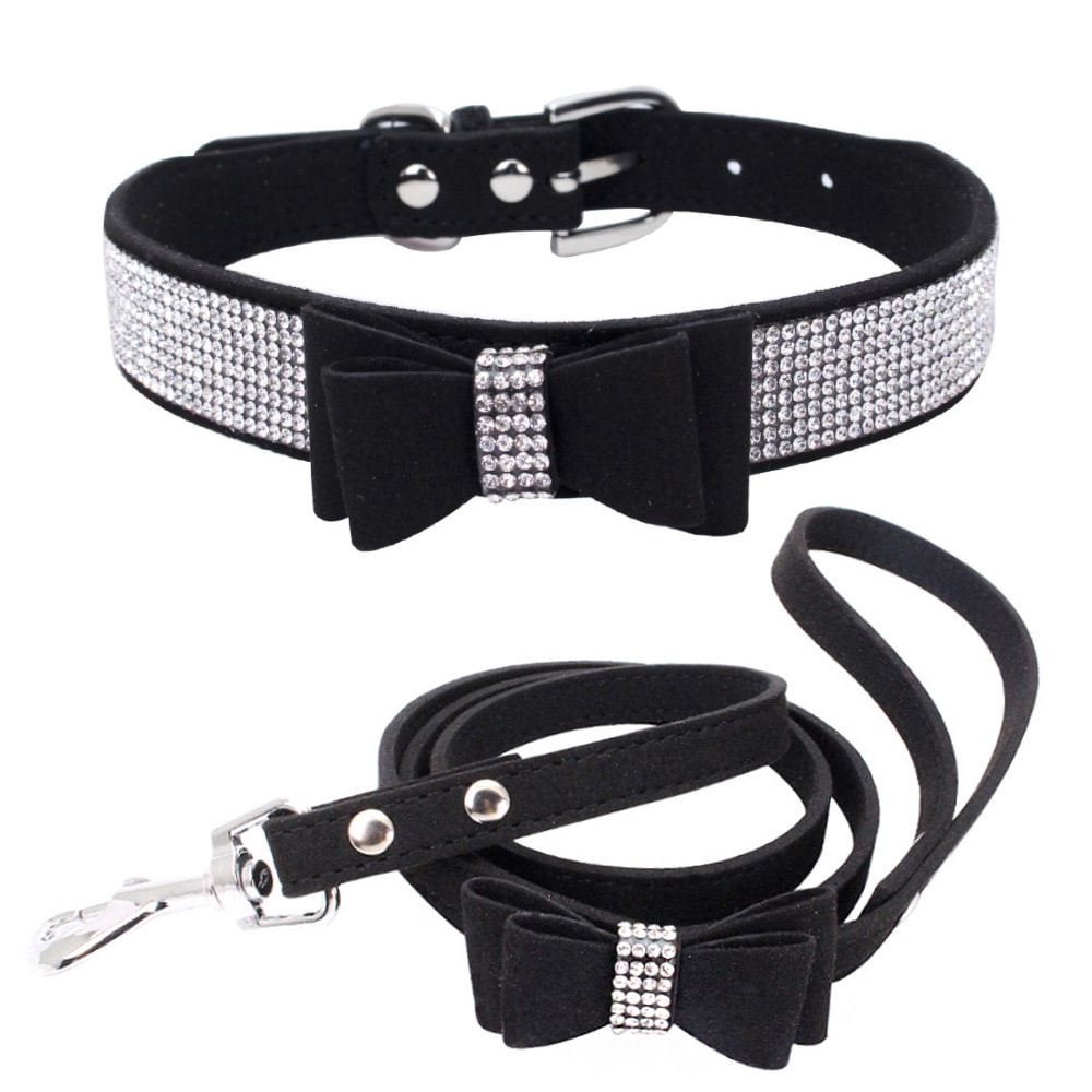 Leash-set Studded Dogs-collar Crystal-diamonds Puppy Rhinestone Bling Cute Small Bowknot