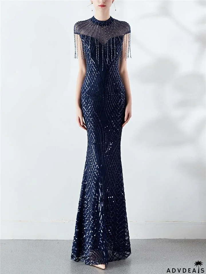 Stunning Sequined Round Mermaid Maxi Dress for Formal Party