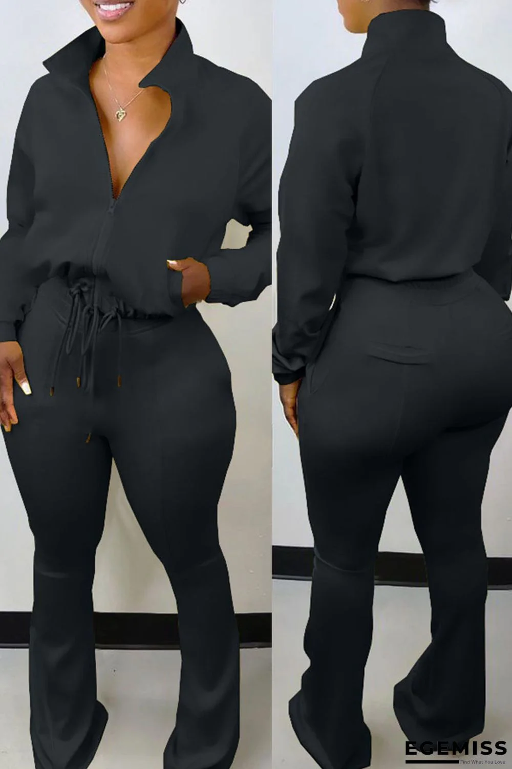 Black Casual Solid Patchwork Draw String Zipper Long Sleeve Two Pieces | EGEMISS
