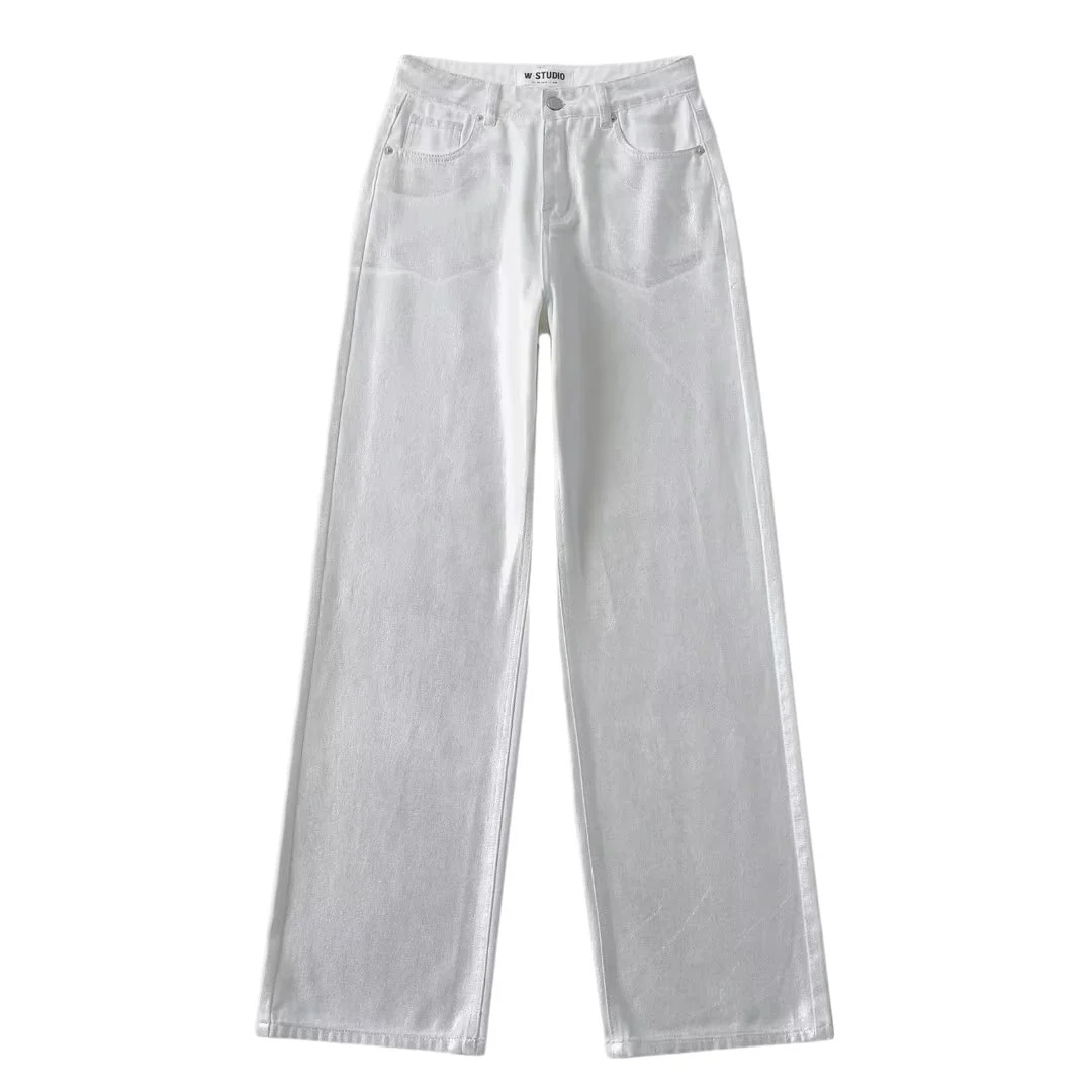 Ueong Ueong Street Fashion Straight Leg Jeans Female Spring And Autumn 2023 New Loose High Waist Silver White Loose Floor Wide Leg Pants