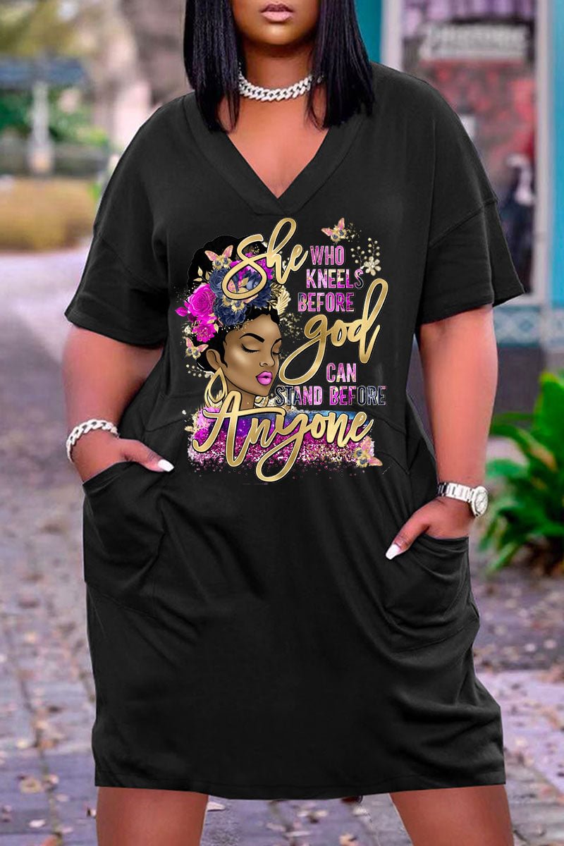 WHO KNEELS  BEFORE GOD Print Plus Size V Neck Mid Sleeve Dress