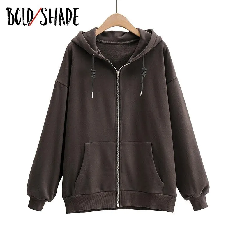 Bold Shade Indie 90s Streetwear Fashion Hoodies Y2k Women Grunge Solid Sweatshirts Long Sleeve Pockets Zipper Hoody Outwear 2020
