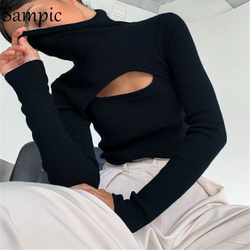 Sampic Autumn Turtleneck Elastic Hollow Out Long Sleeve Sexy Women T Shirts Tops Basic Tees Streetwear Beige Cropped T Shirt
