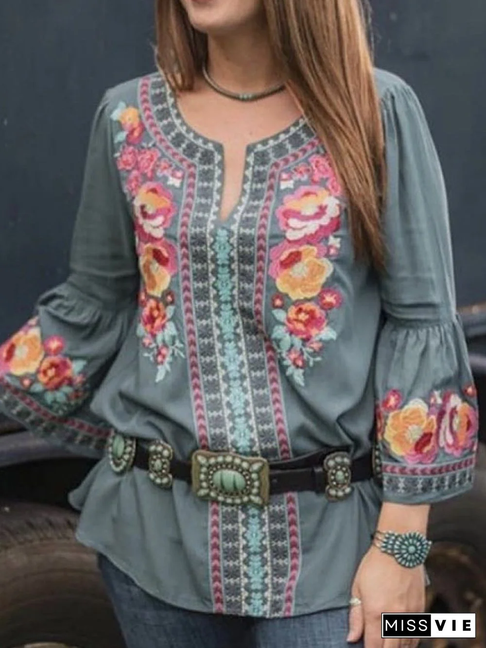 V Neck Floral Vintage 3/4 Sleeve Tops