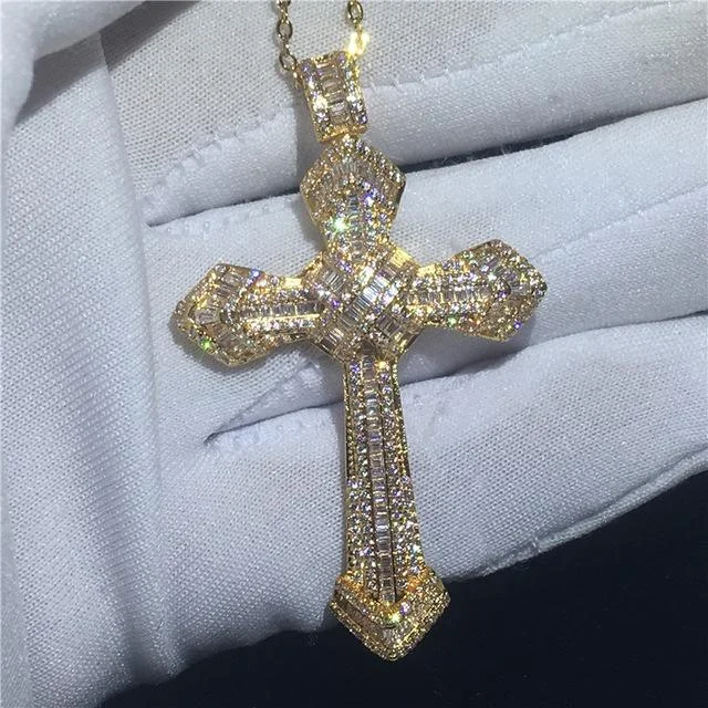 Iced Out Baguette Cross Pendant Necklace-VESSFUL