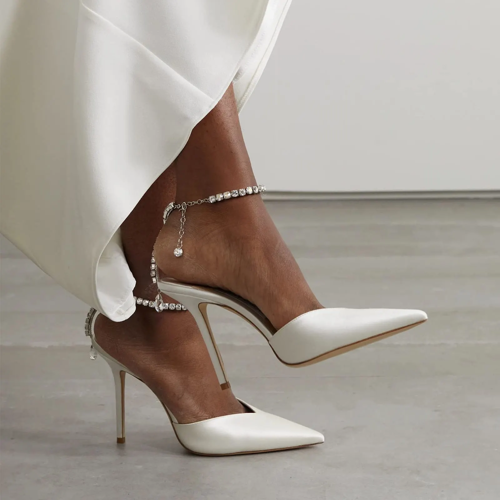100mm Women's Sandals Crystal Chain Ankle Straps Rhinestones Buckle Heels Stiletto Satin Dress Shoes-vocosishoes