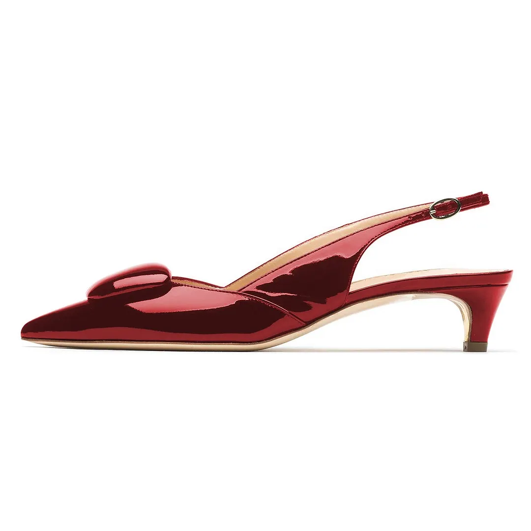 Burgundy Patent Leather Kitten Heel Slingback Pointed Toe Heels