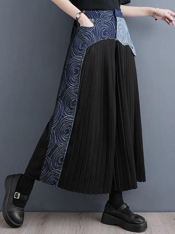 High Waist Denim Printed Pleated Wide Leg Pants