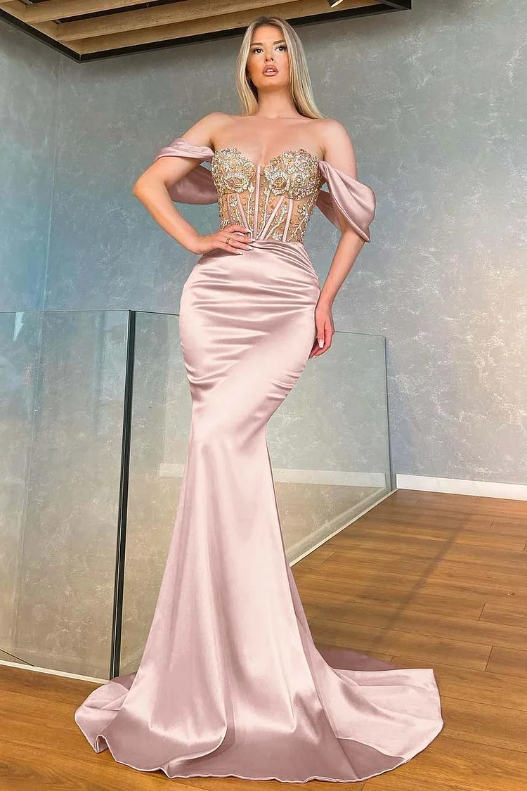  Stunning Pink Mermaid Off the Shoulder Long Prom Dress With Appliques CY0019