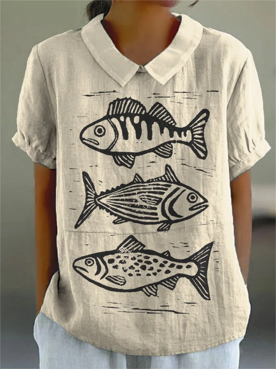 Sea Fish Art Printed Women's Casual Cotton And Linen Shirt