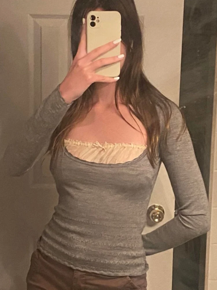 Rapcopter Y2K Grey Sweaters Frill Bow Sweet Cute Pullovers Patched Full Sleeve Harajuku Knitted Jumpers Women Prepply Chic Tops