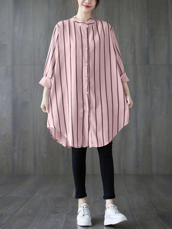 Striped Buttoned Loose Long Sleeves Blouses&Shirts Tops