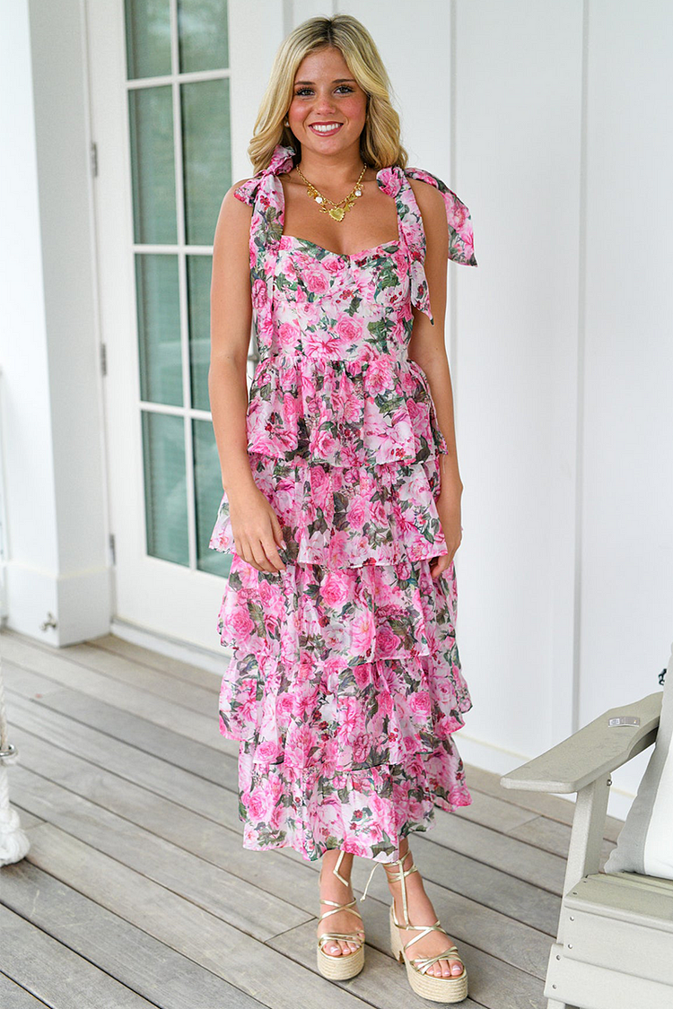 Floral Print Tie Up Cami Tiered Ruffled Hem Midi Dresses-Pink