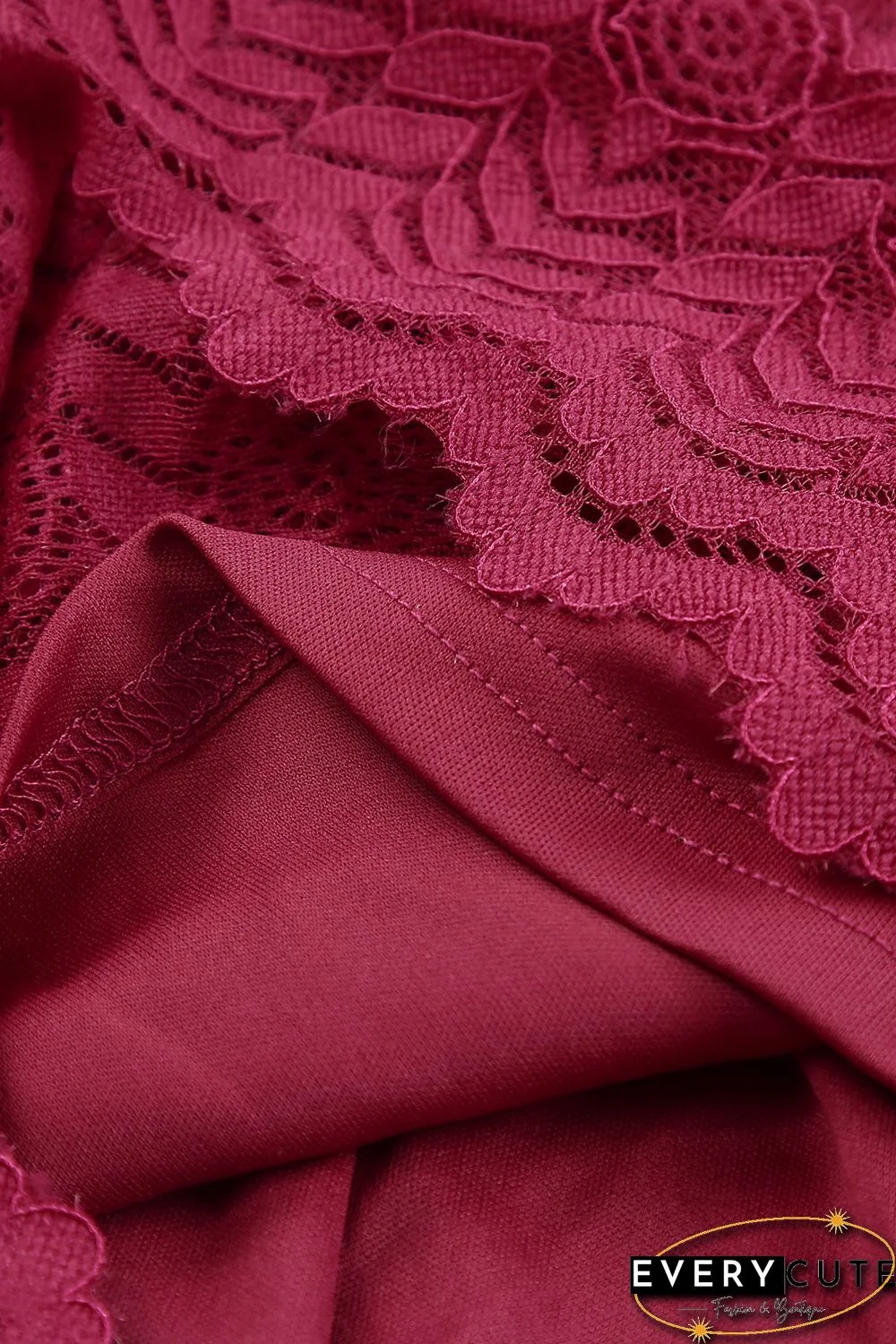 Red Crochet Short Sleeves Lined Midi Dress