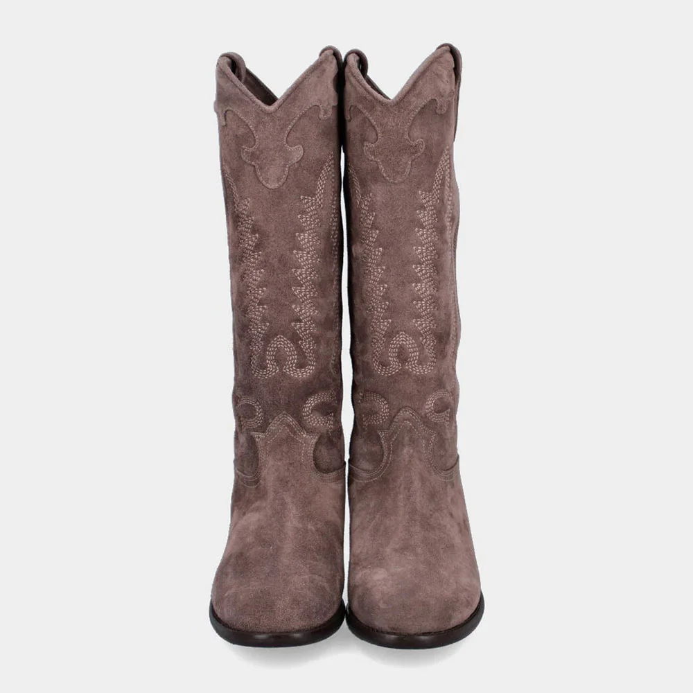 Taupe Closed Round Toe Pull Tab Western Boots with Embroidered