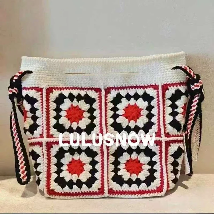 Lulusnow Handmade Red Granny Square Crochet Crossbody Bag